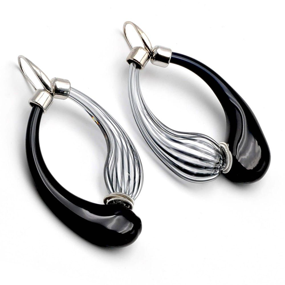 Mio black and gray stripes - black and grey murano glass earrings creoles genuine glass of venice