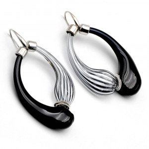 Mio noir et rayures grises - boucles d'oreilles creoles noires et grises veritable verre soufflé de murano de venise