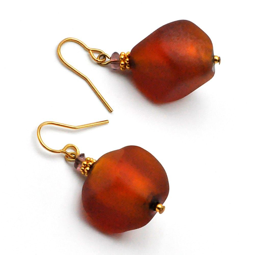 Scoglio satin orange - boucles d'oreilles ambre bijoux en veritable verre de murano de venise