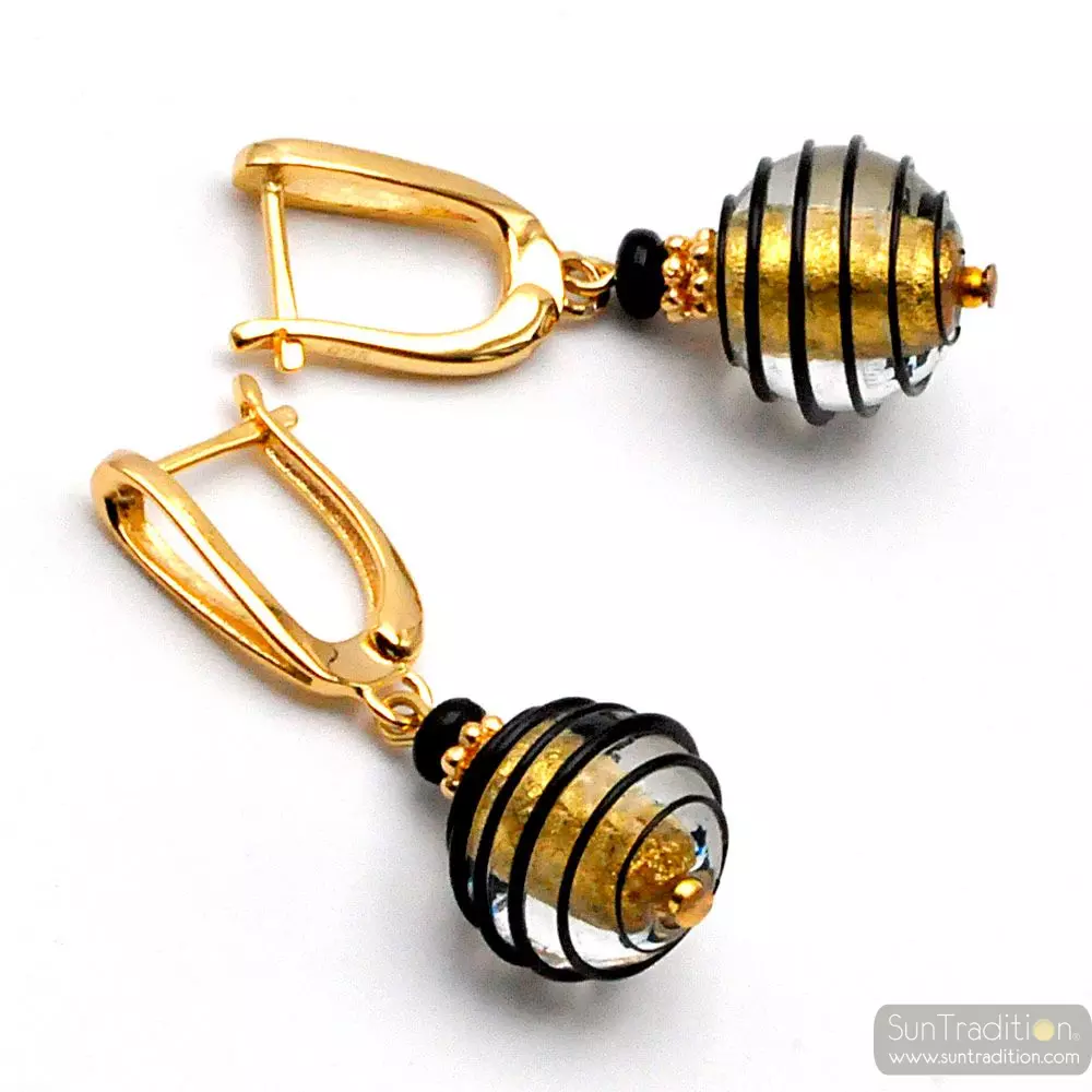 Jojo black and gold lever back - gold and black leverback murano glass earrings genuine venitian glass
