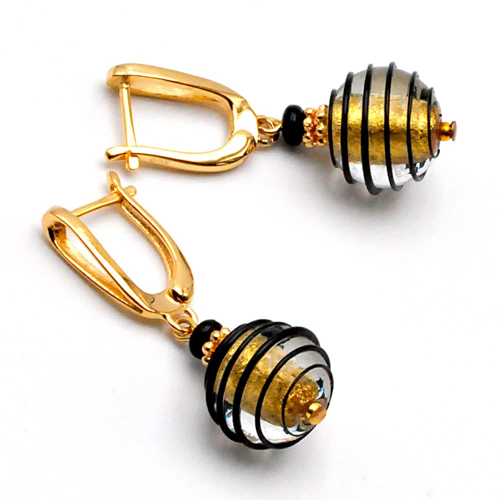 Gold and black leverback murano glass earrings venitian glass