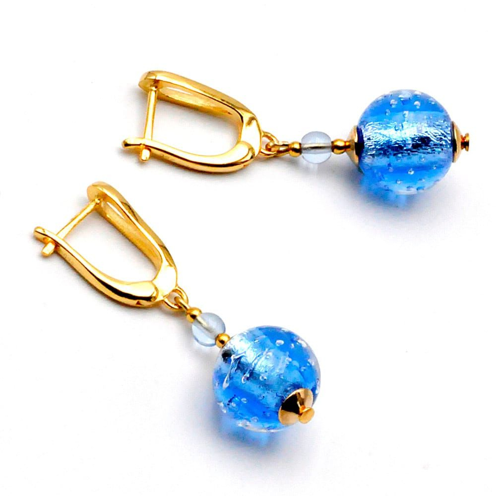 Fizzy bleu ocean - boucles d'oreilles dormeuses bleues bijoux en veritable verre de murano de venise