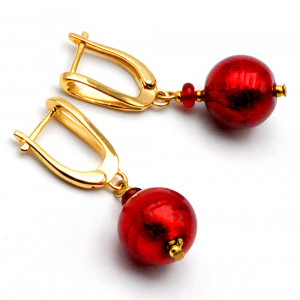 Red ball - red lever back murano glass earrings hook genuine venice