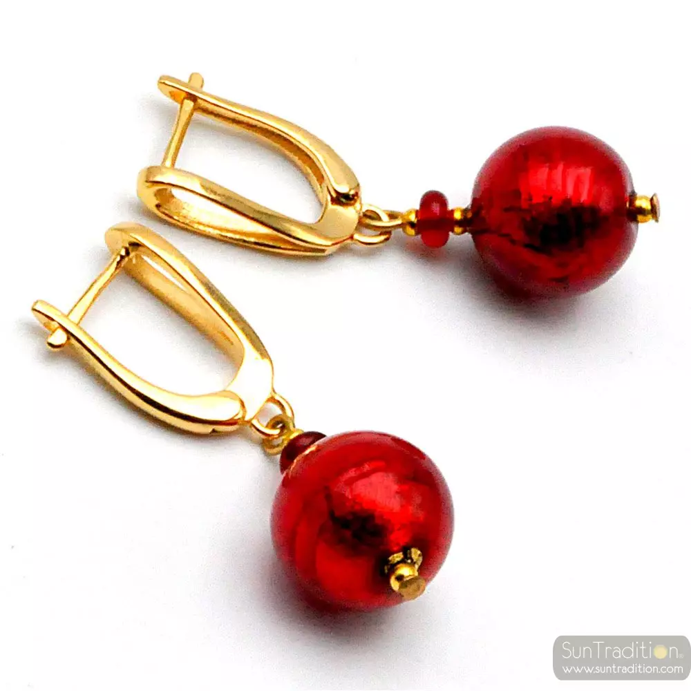 Red ball - red lever back murano glass earrings hook genuine venice