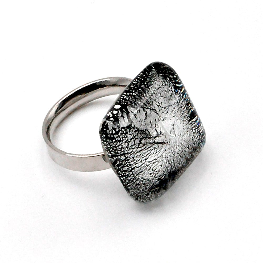 Black and silver murano glass square ring of murano