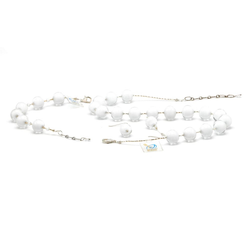 Parure bijoux blanc et argent en veritable verre de murano de venise