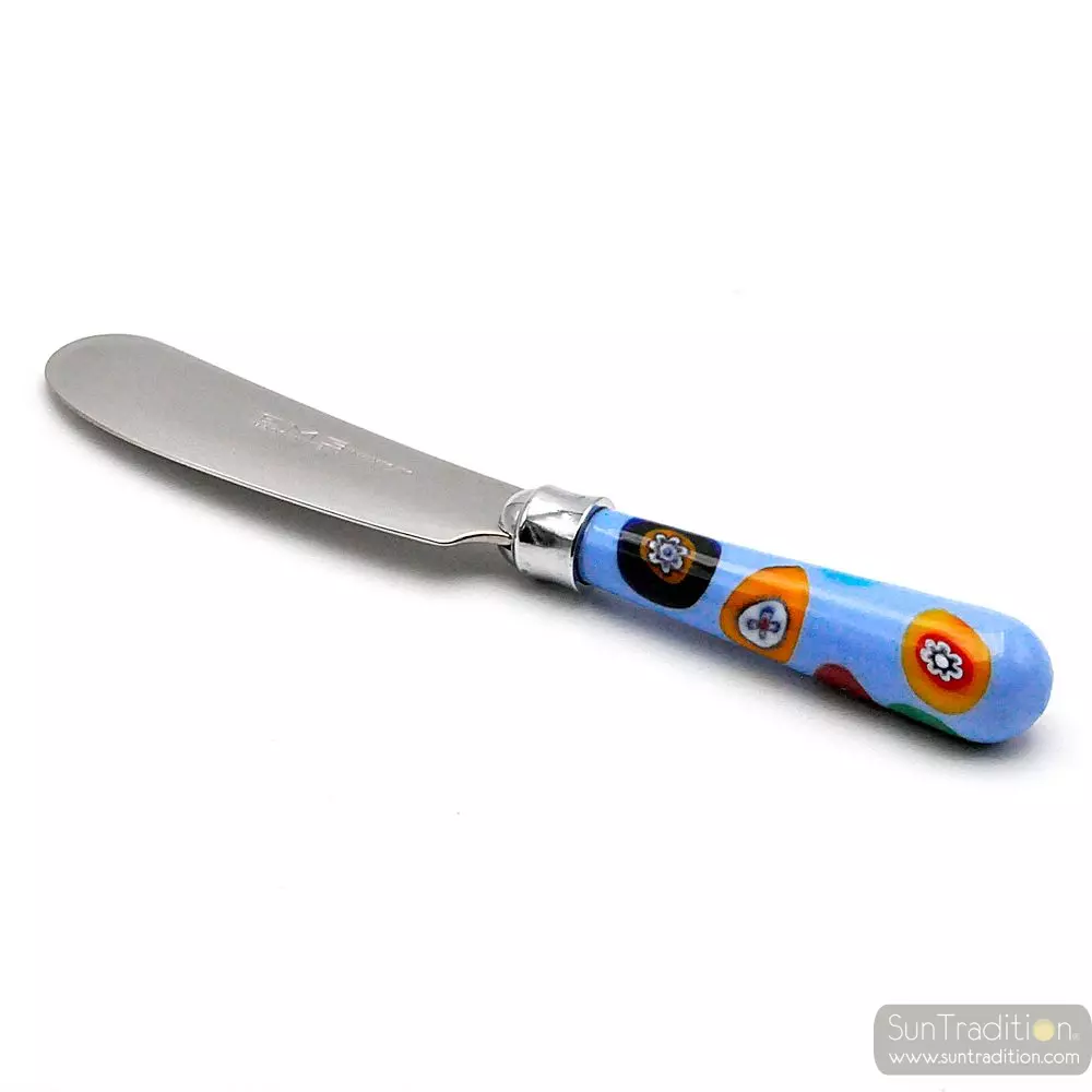Butter knife with glass handle from murano murrina millefiori from venice