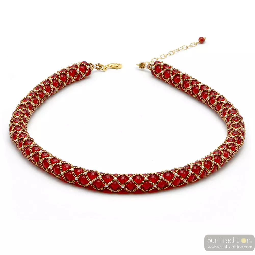 Red glass beads renaissance necklace gilded weave