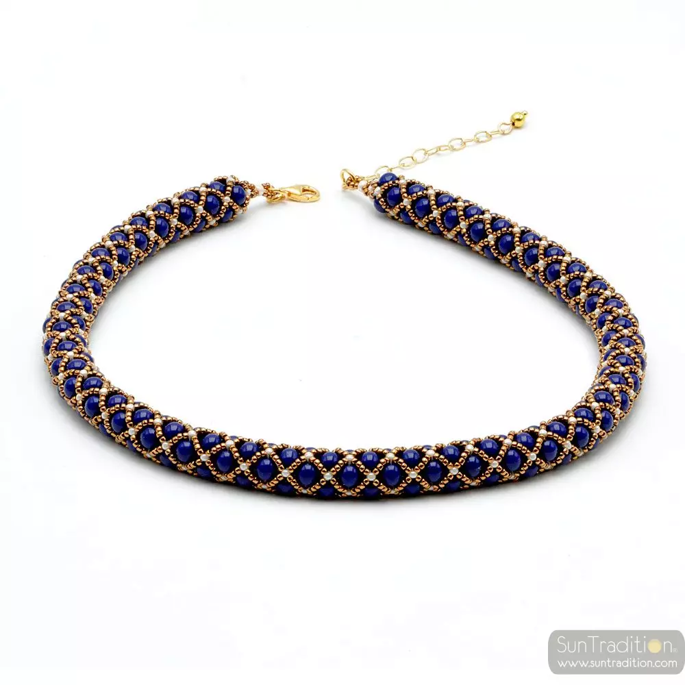 Renaissance necklace beads glass beads blue lapis gilded weave