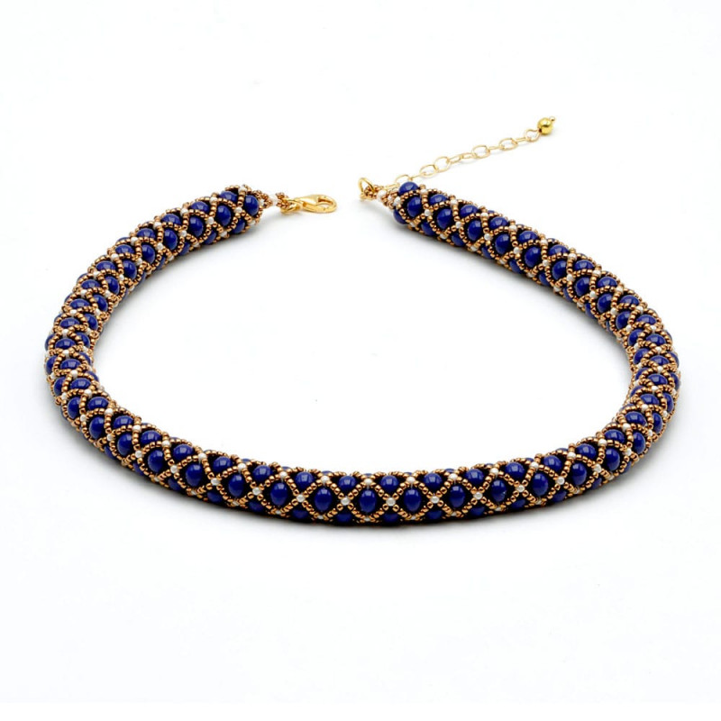 Collier bleu perles de verre renaissance bleu lapis dore