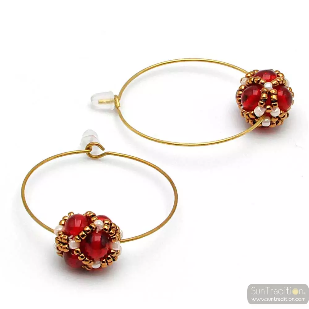 Circle red glass beads earrings renaissance