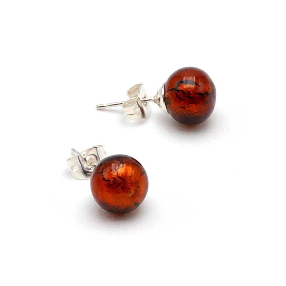 Dark amber earrings studs - round button nail earrings genuine murano glass of venice