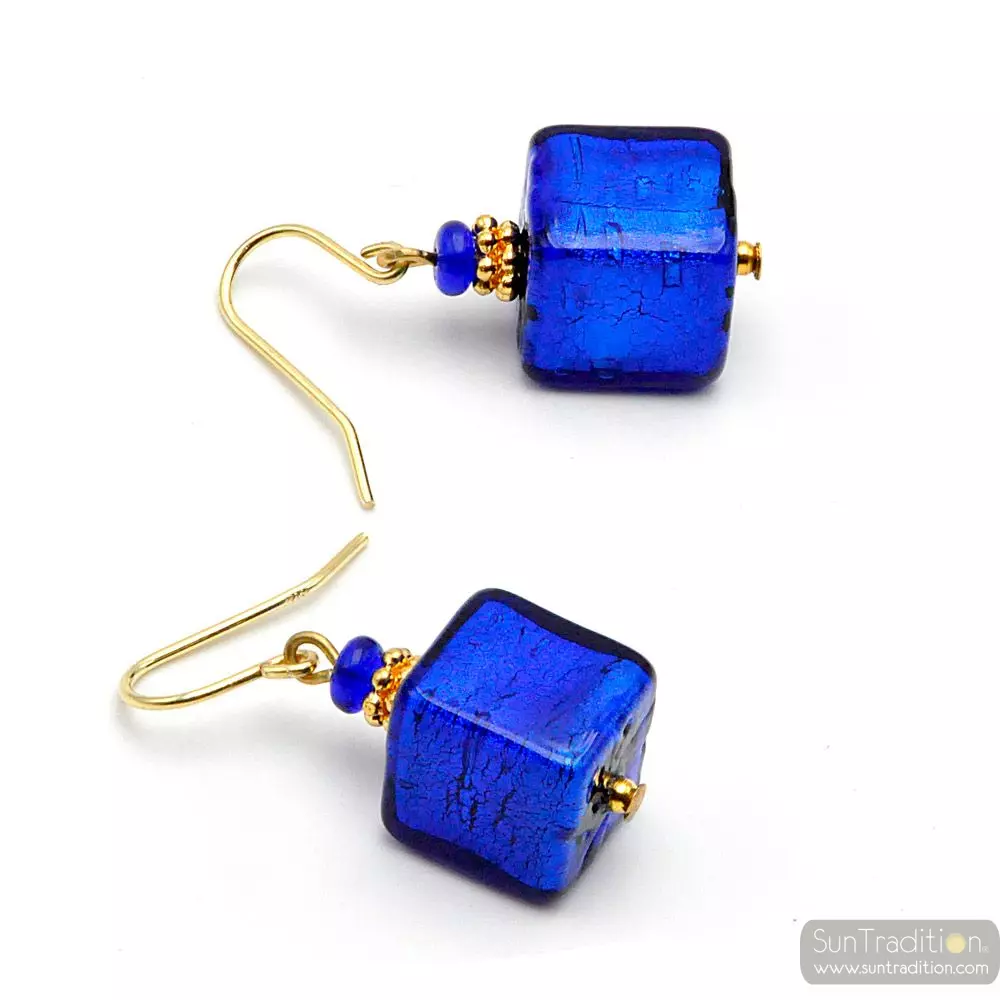 America blue cobalt - blue gold earrings genuine murano glass venice