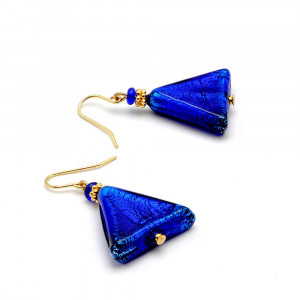 Boucles d'oreilles bleu cobalt triangle en veritable verre de murano de venise