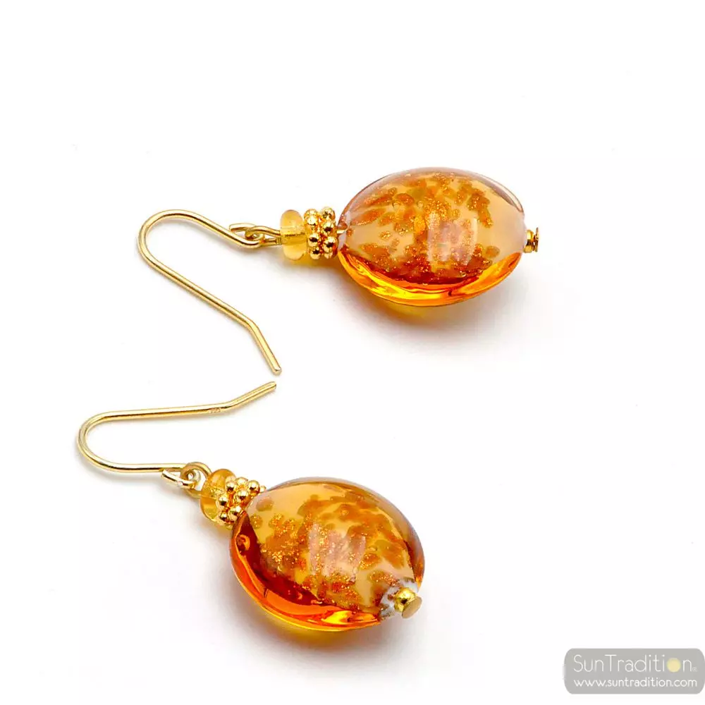 Pastiglia aurora amber - amber murano glass earrings jewellery genuine murano glass of venice