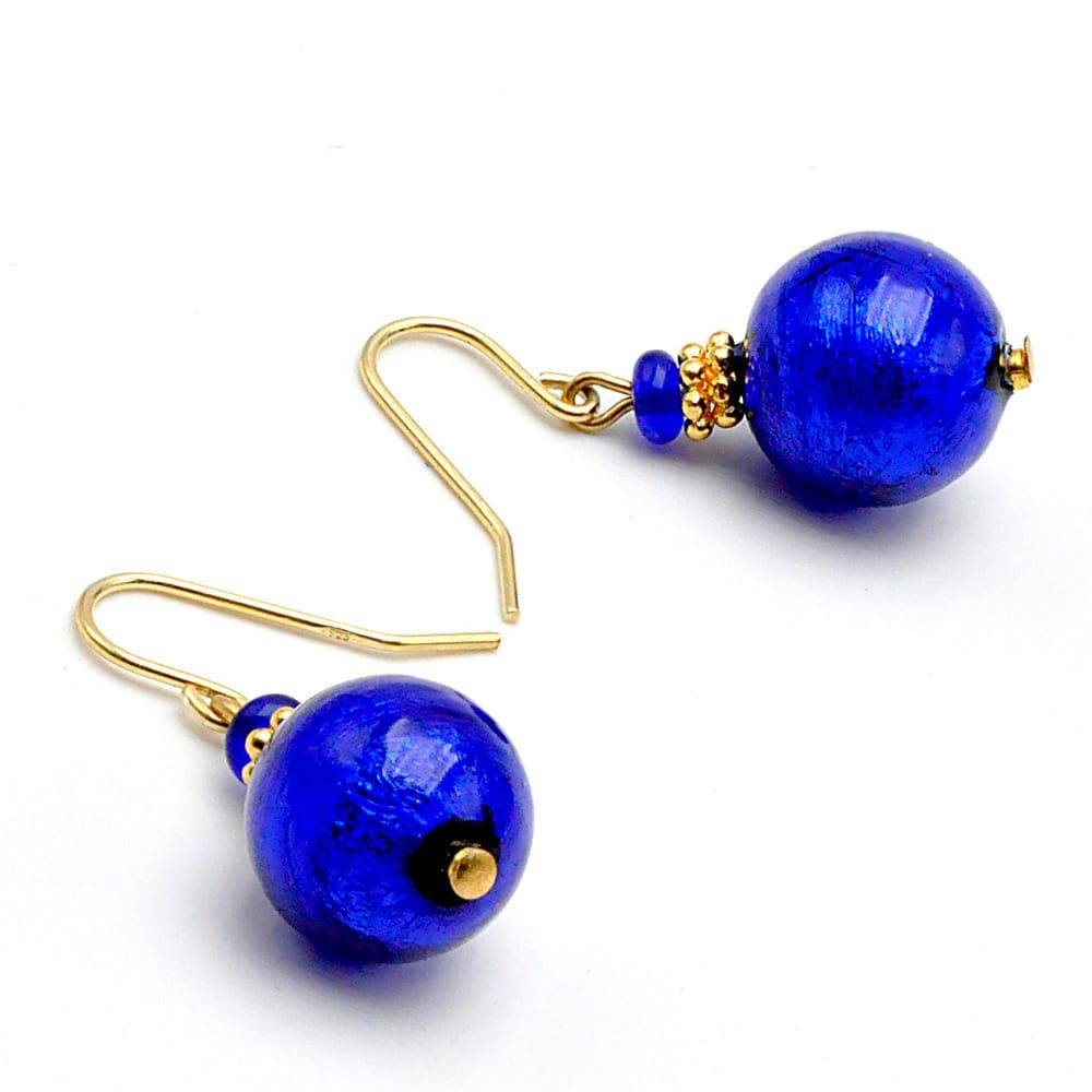 Ball bleu cobalt - boucles d'oreilles bleu bijoux en veritable verre de murano de venise