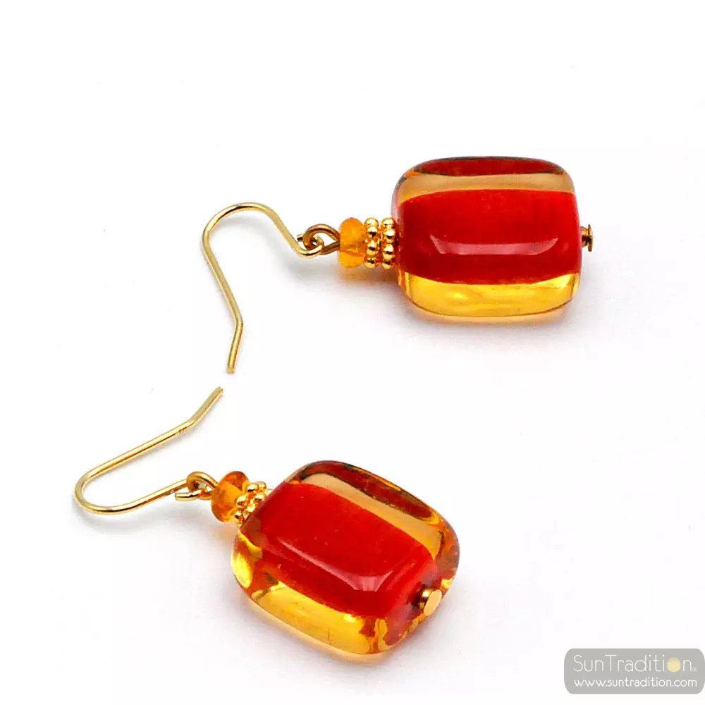 Schissa pastel amber red - amber red murano glasd earrings genuine venice glass