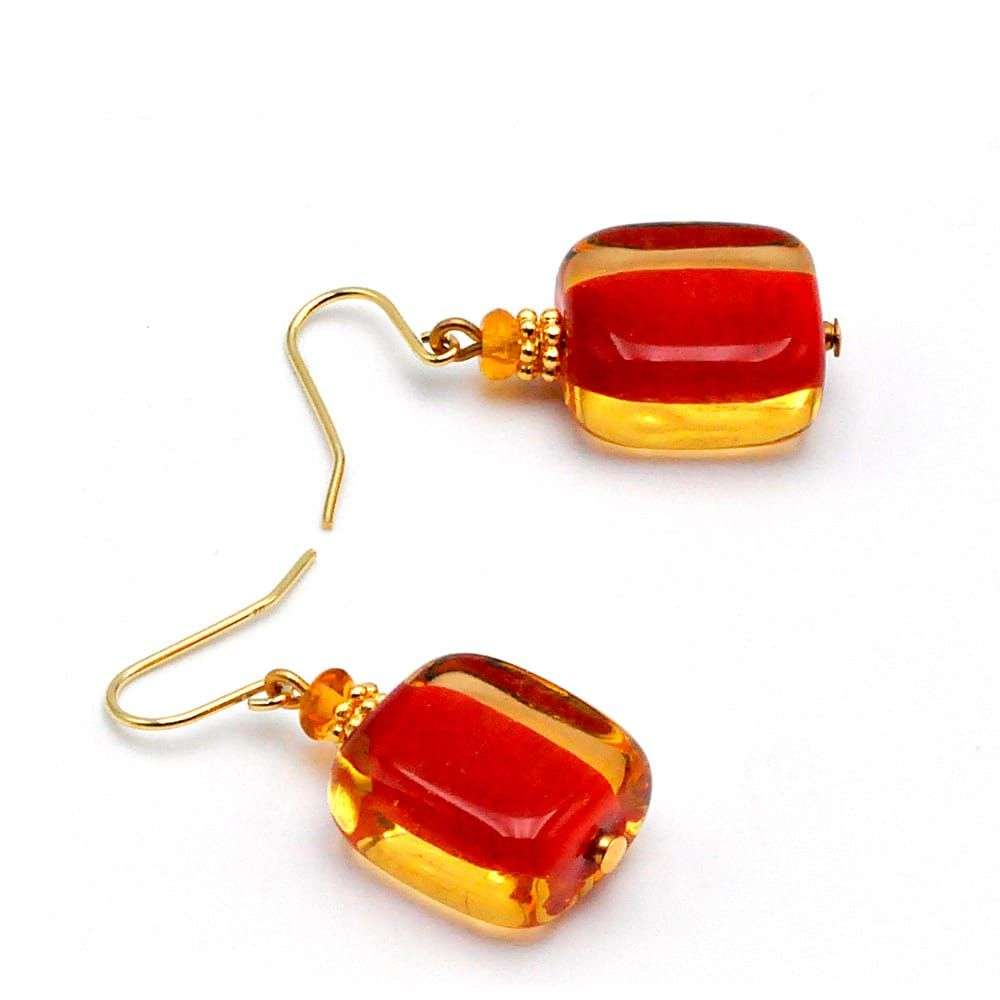 Boucles d'oreilles ambre et rouge bijou en veritable verre de murano