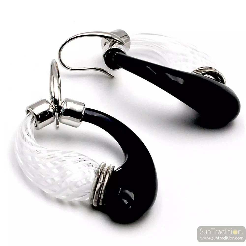 Mio black and white stripes small size - black and white murano glass earrings creoles genuine glass of venice