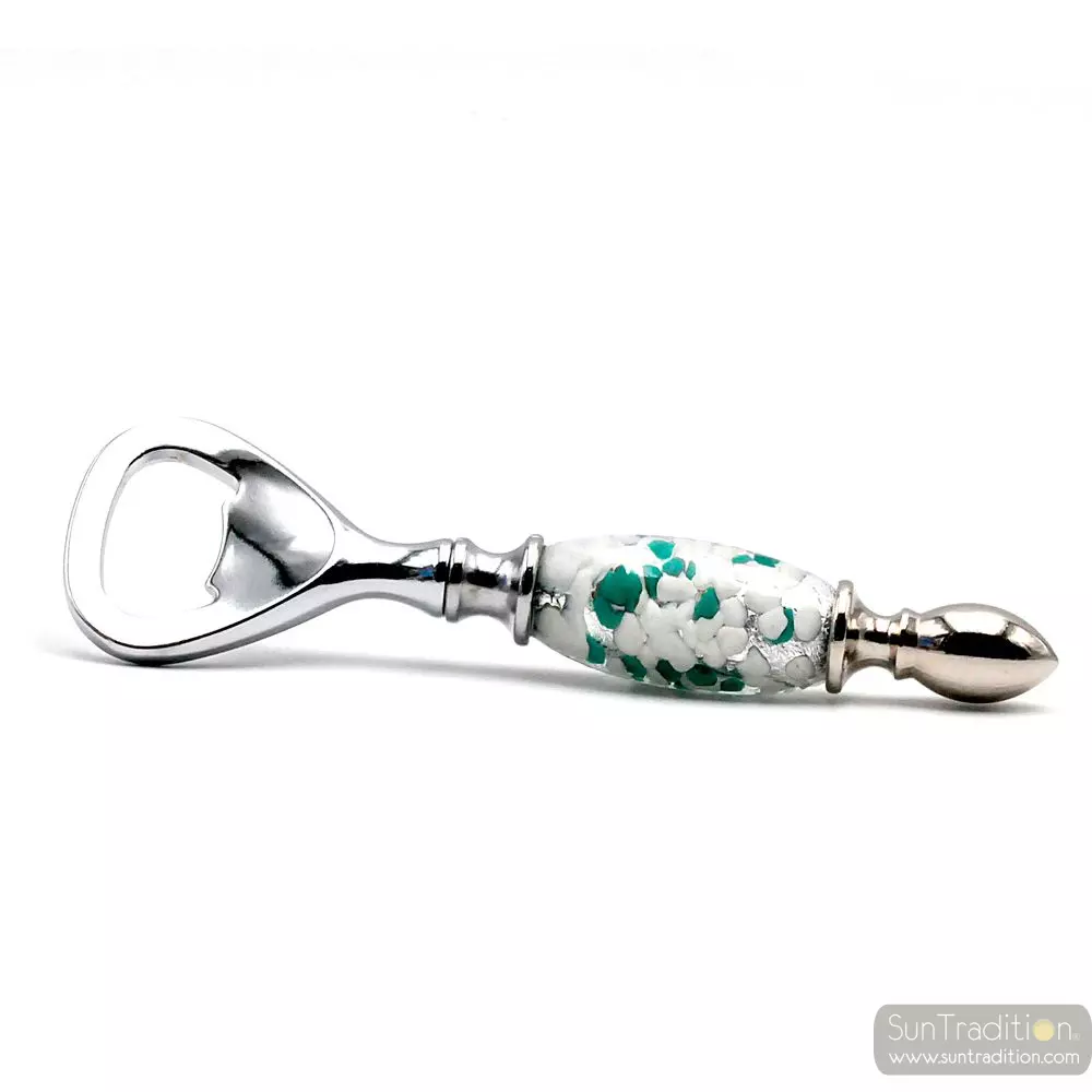 White, green and silver bottle opener in murano glass