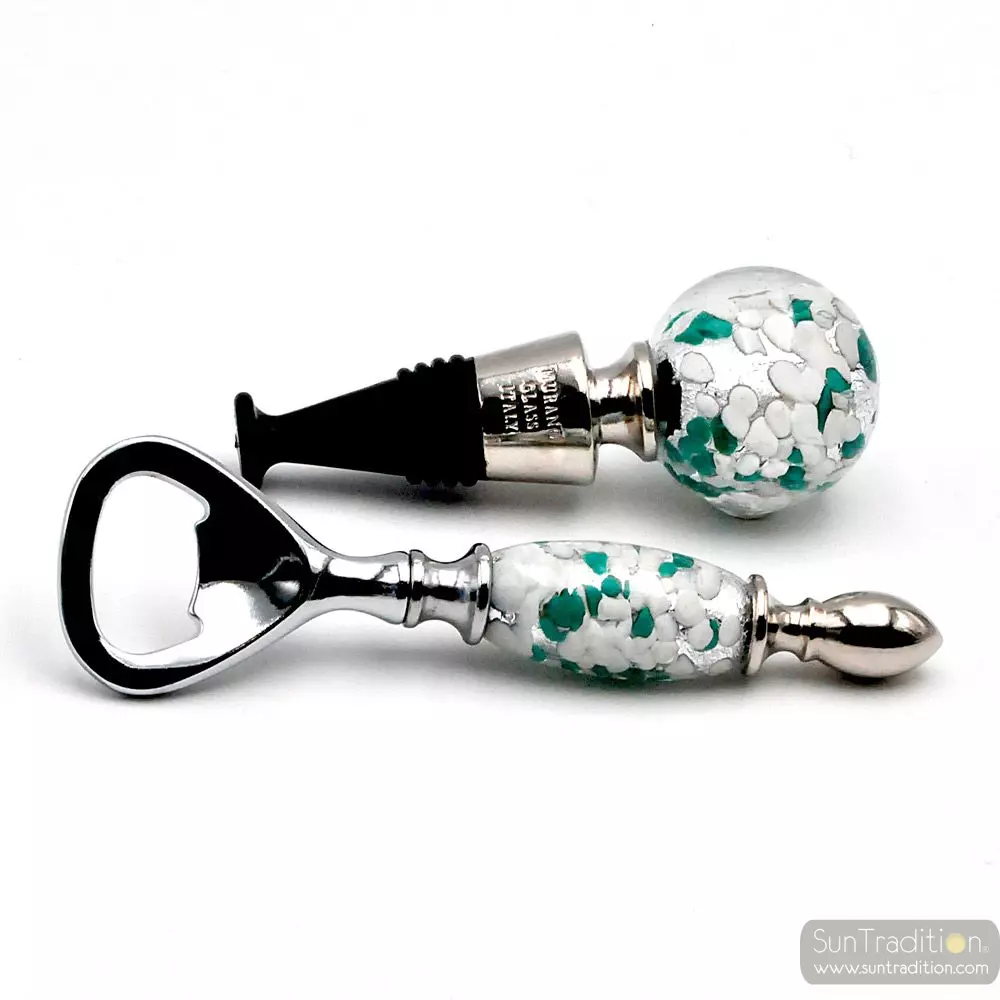 White, green and silver murano glass bottle opener and cap kit
