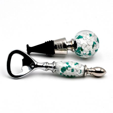 White, green and silver murano glass bottle opener and cap kit