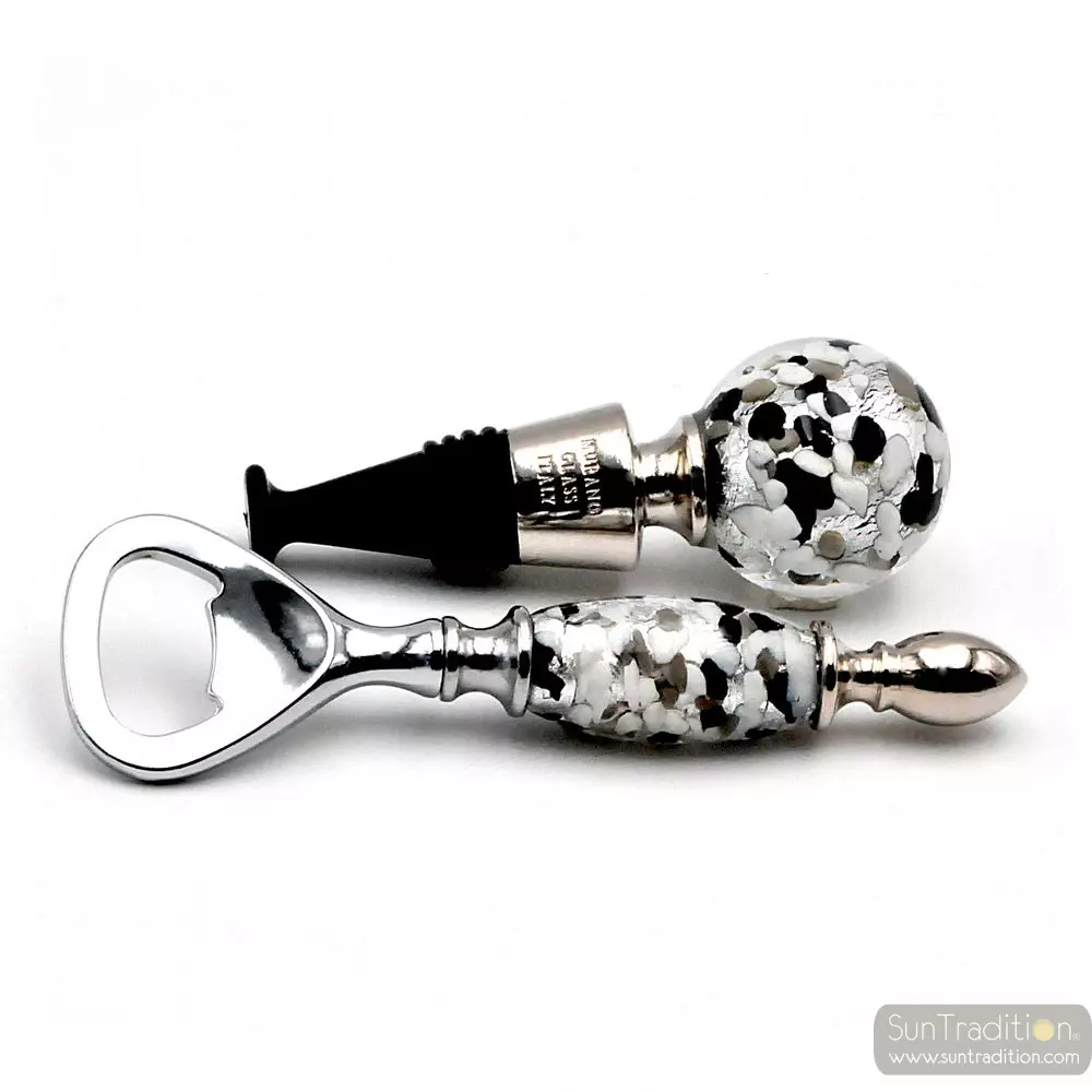 Black and white silver murano glass bottle opener and cap kit