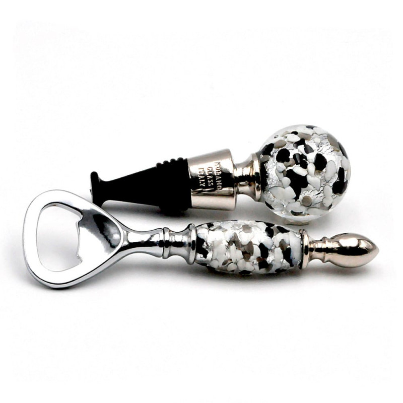 Zwart-witte murano glas flesopener en dop kit zilver