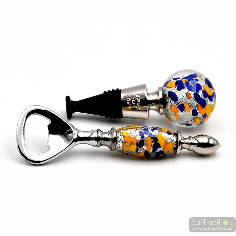 Blue, yellow and silver murano glass bottle opener and cap kit