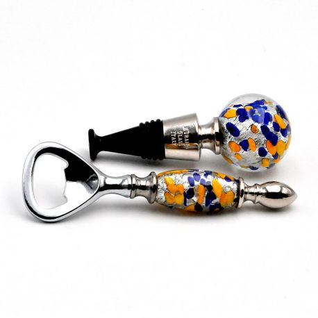 Blue, yellow and silver murano glass bottle opener and cap kit
