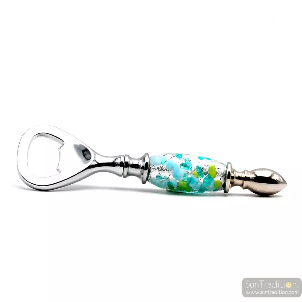 Blue, green and silver bottle opener in murano glass