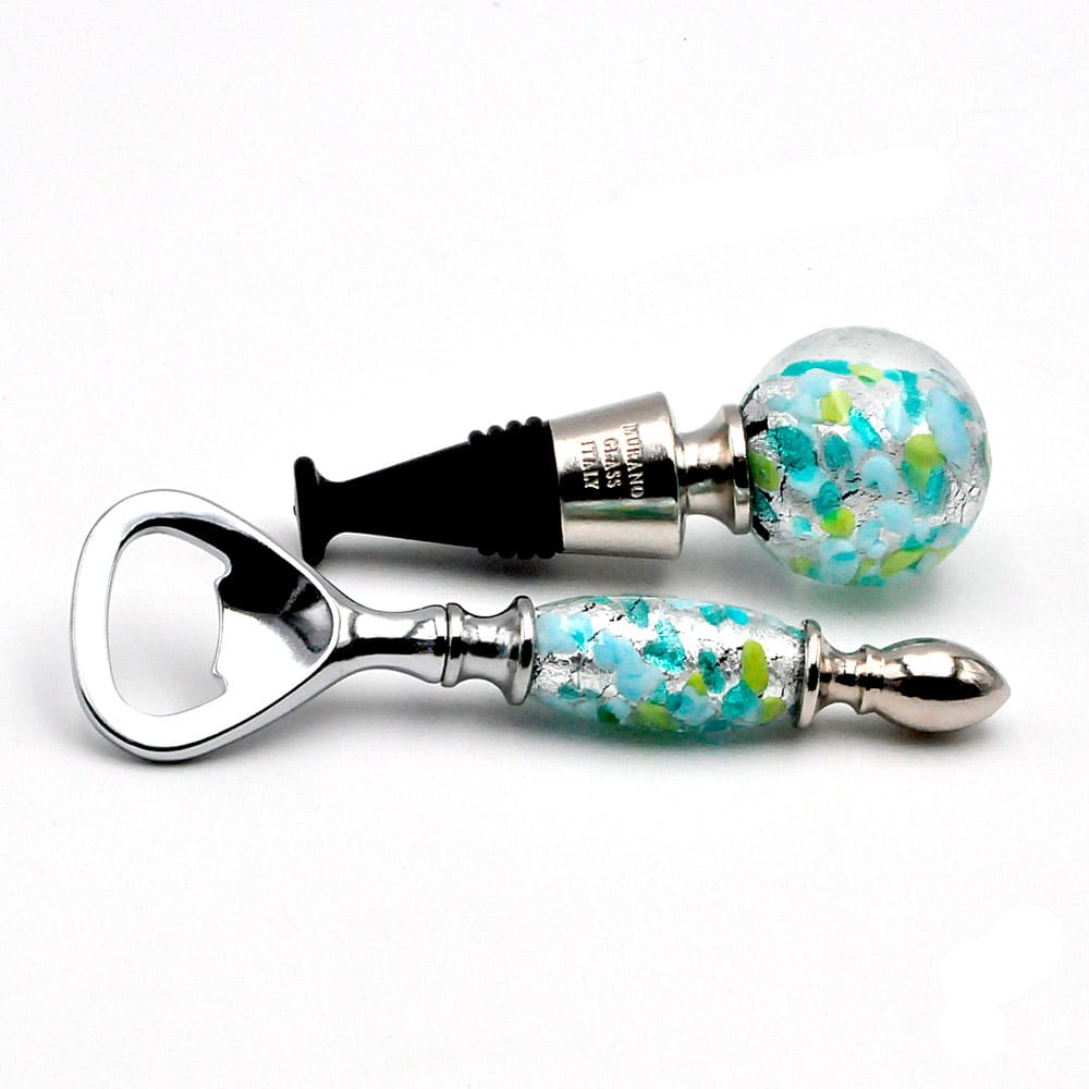 Blue, green and silver murano glass bottle opener and cap kit