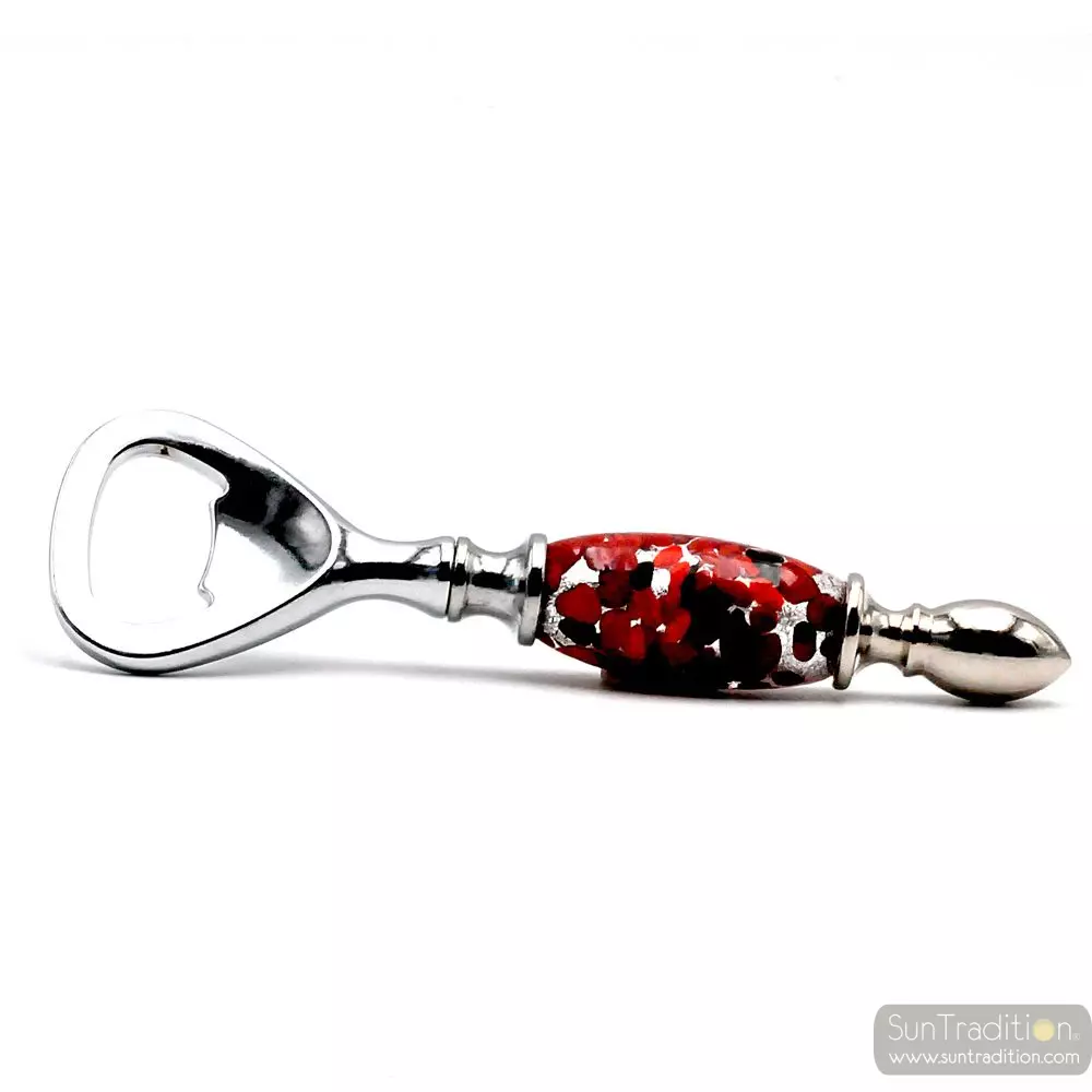 Red, black and silver bottle opener in murano glass