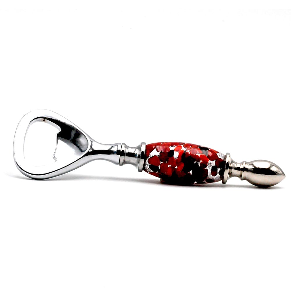 Red, black and silver bottle opener in murano glass