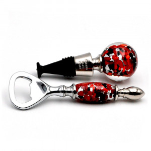 Kit decapsuleur et bouchon en verre de murano rouge, noir et argent