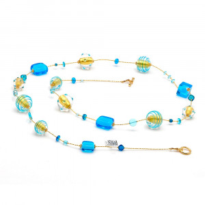 Ketting lang blauw en goud murano glas van venetië