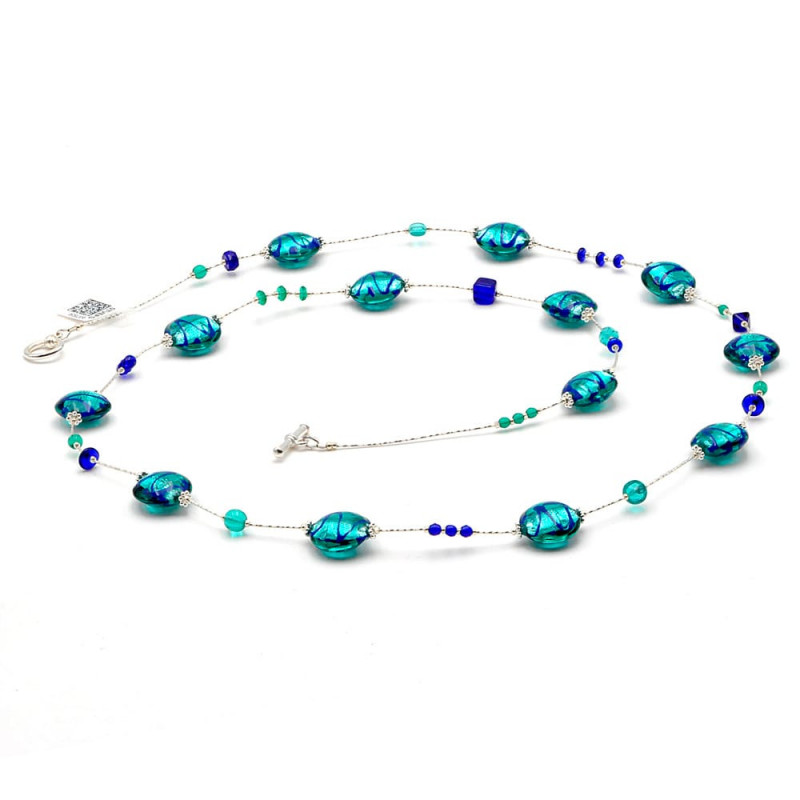 Sautoir collier bleu en veritable verre de murano de venise