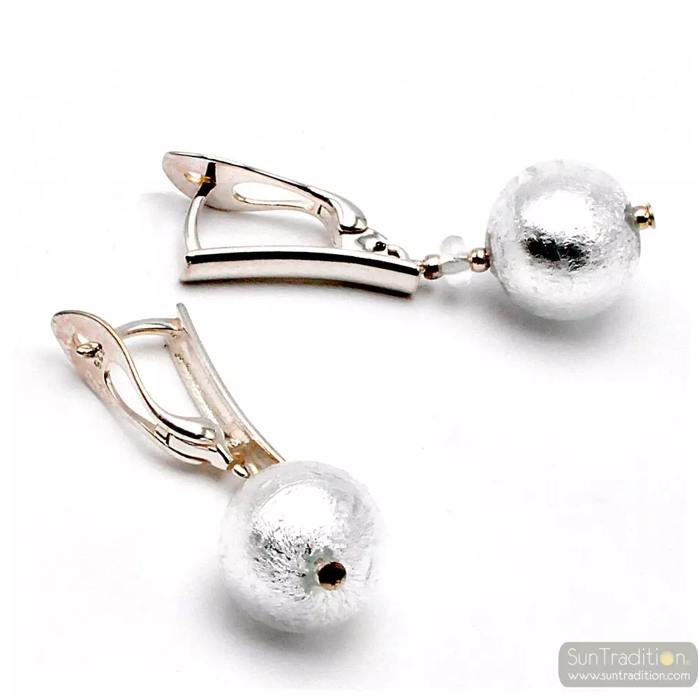 Ball silver - silver lever back earrings genuine venice murano glass