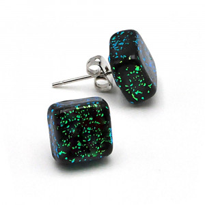 Stud square green and black earrings in genuine murano glass from venice