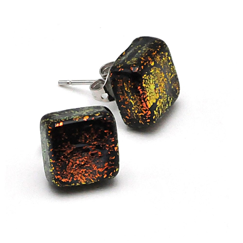 Stud square gold copper earrings and black in genuine murano glass from venice
