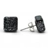 Stud square silver and black earrings in genuine murano glass from venice