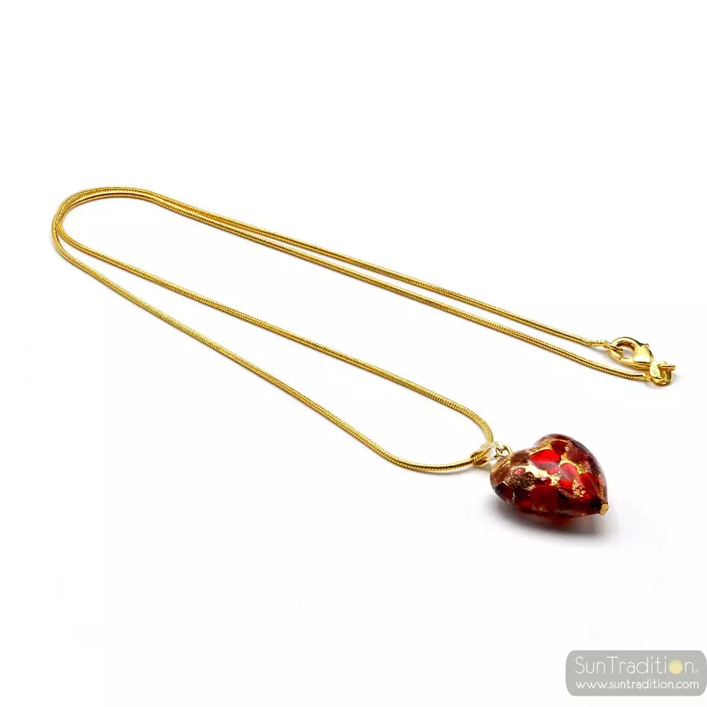 Pendant silver 925 gold plated 18k and gold heart murano glass red