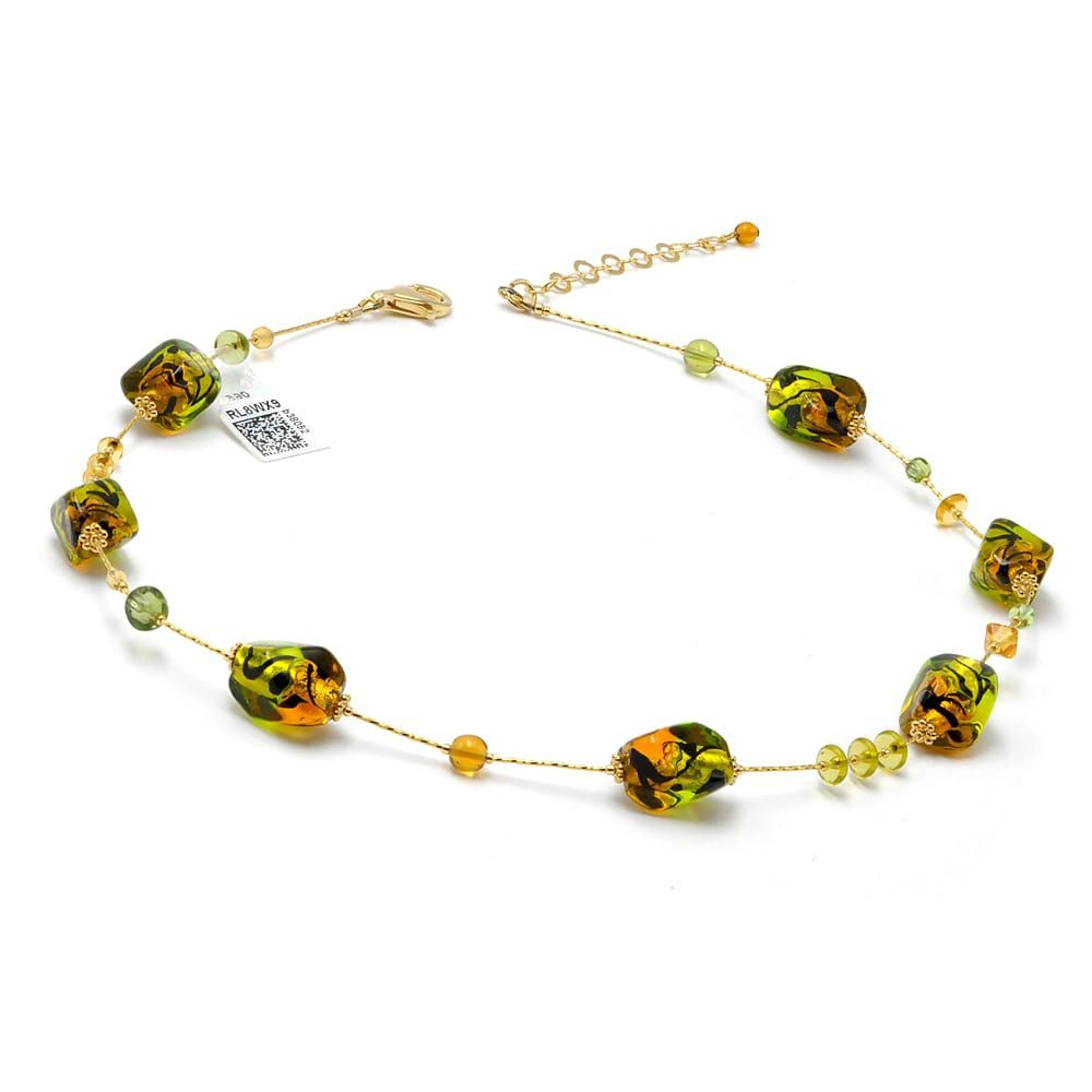 Sasso tvåfärgad grön gul - halsband i murano glas gult och grönt