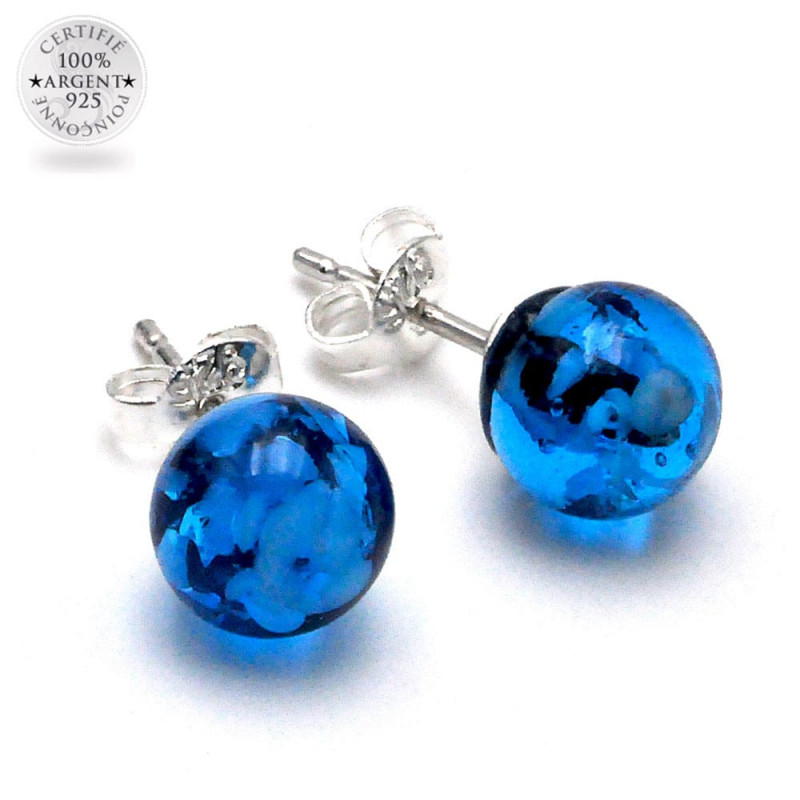 Light blue and black stud earrings genuine glass of murano from venice