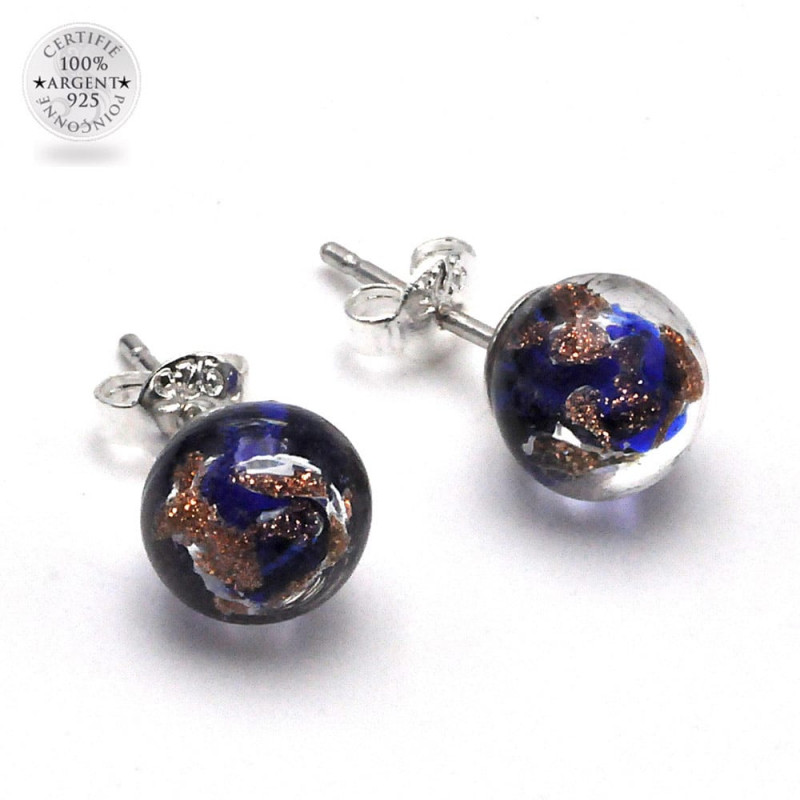 Stud earrings cobalt blue and aventurine in genuine murano glass of venice