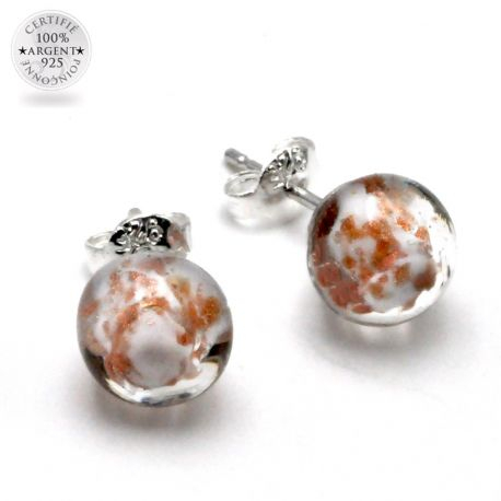  white and aventurine stud earrings in genuine murano glass from venice
