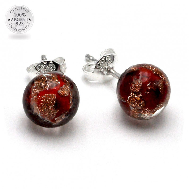 Boucles d'oreilles clou rouge et aventurine en veritable verre de murano de venise