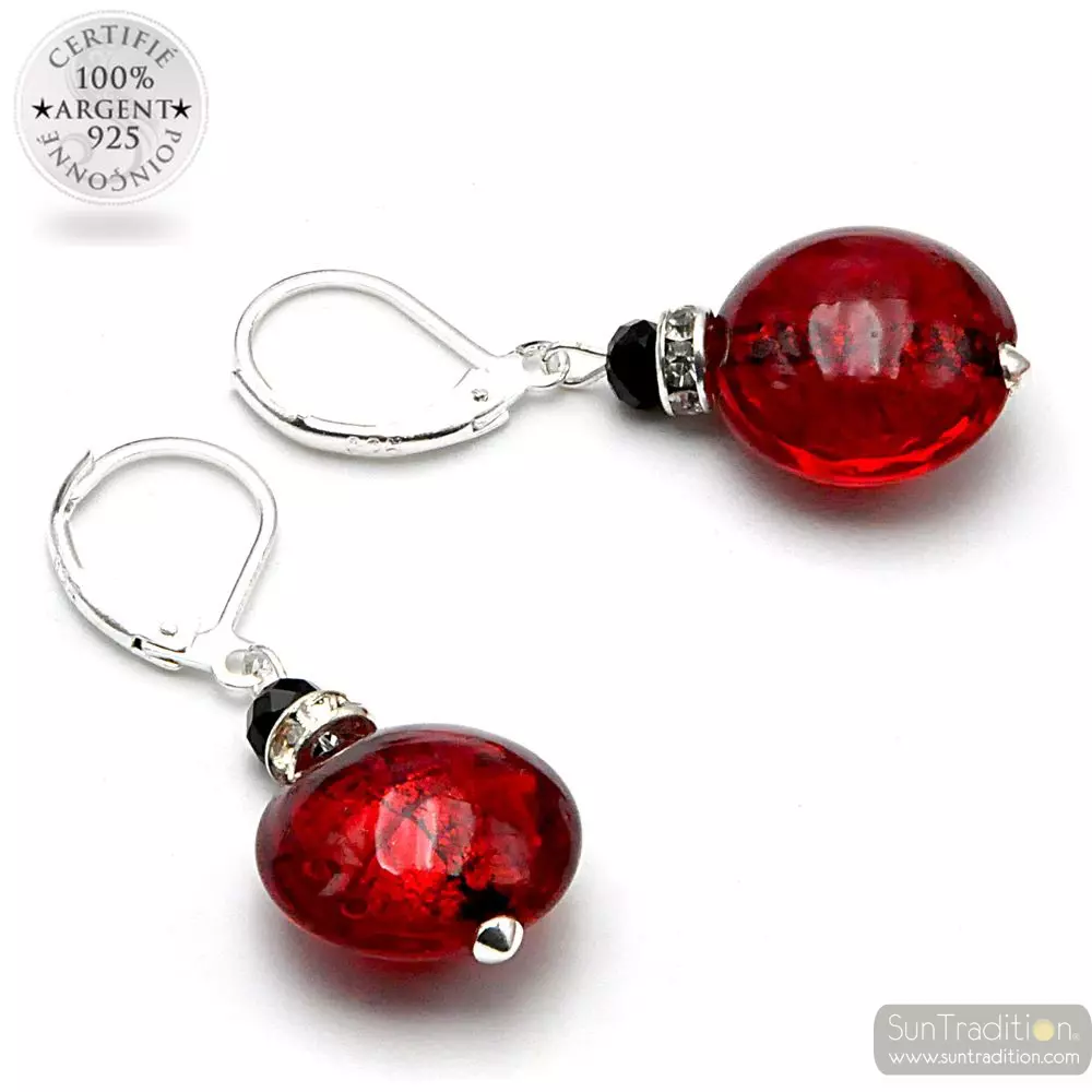 Pastiglia notte red - leverback red earrings jewelry real glass murano from venice