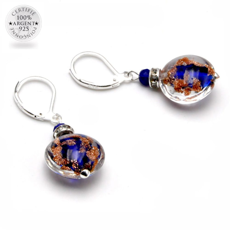 Boucles d'oreilles dormeuses aventurine cobalt en veritable verre de murano de venise