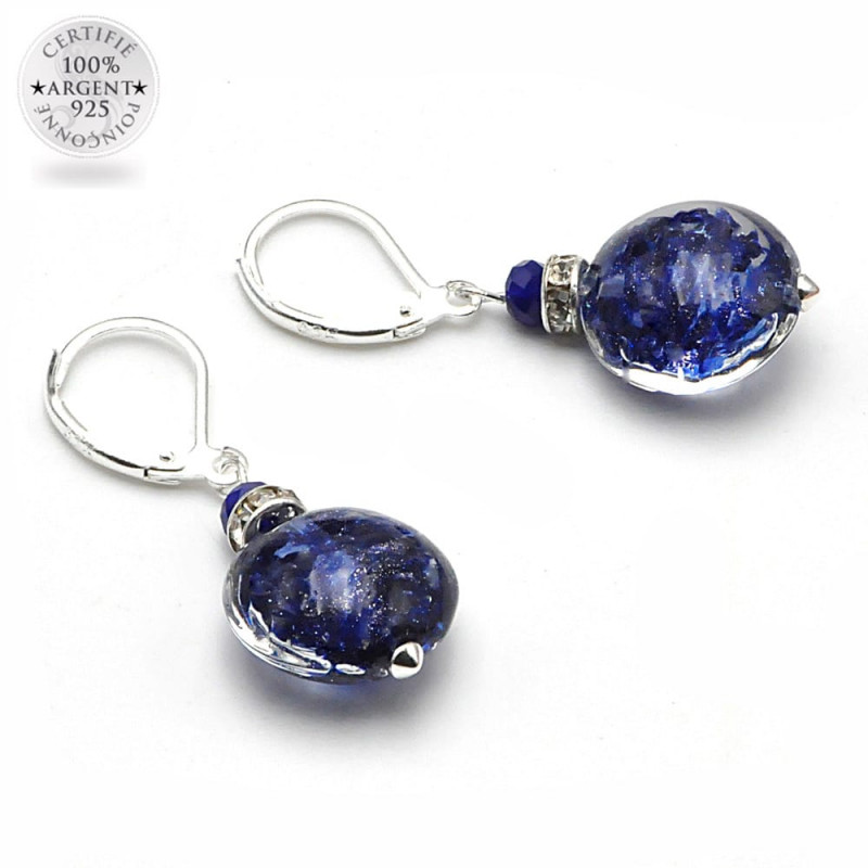 Boucles d'oreilles dormeuses aventurine bleu marine verre de murano